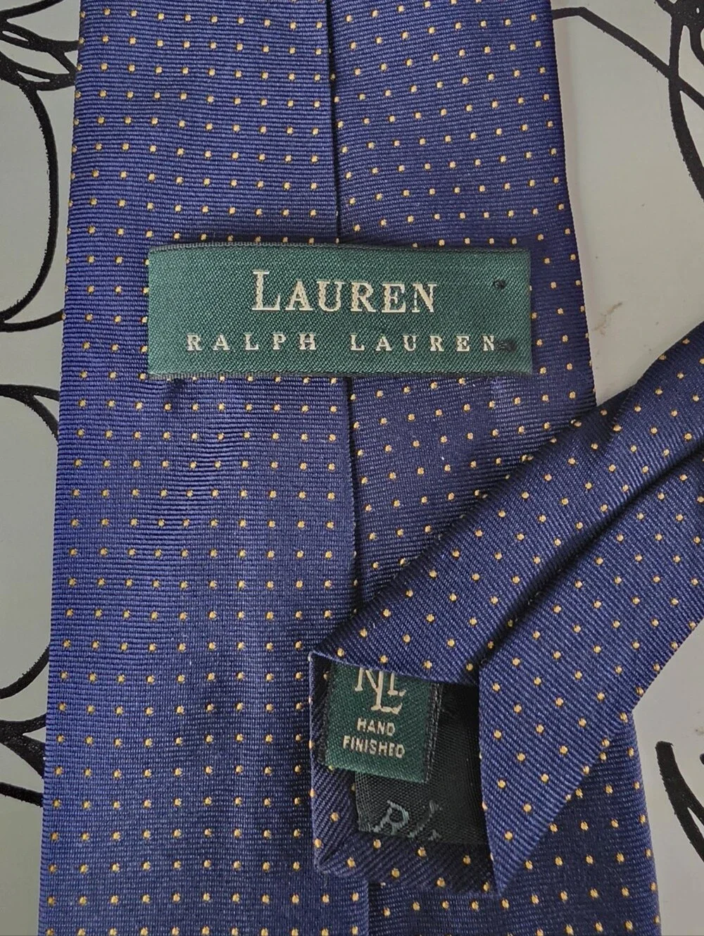 Lauren Ralph Lauren Mens Silk Tie Navy Blue Gold Micro Dot Hand Finished 58